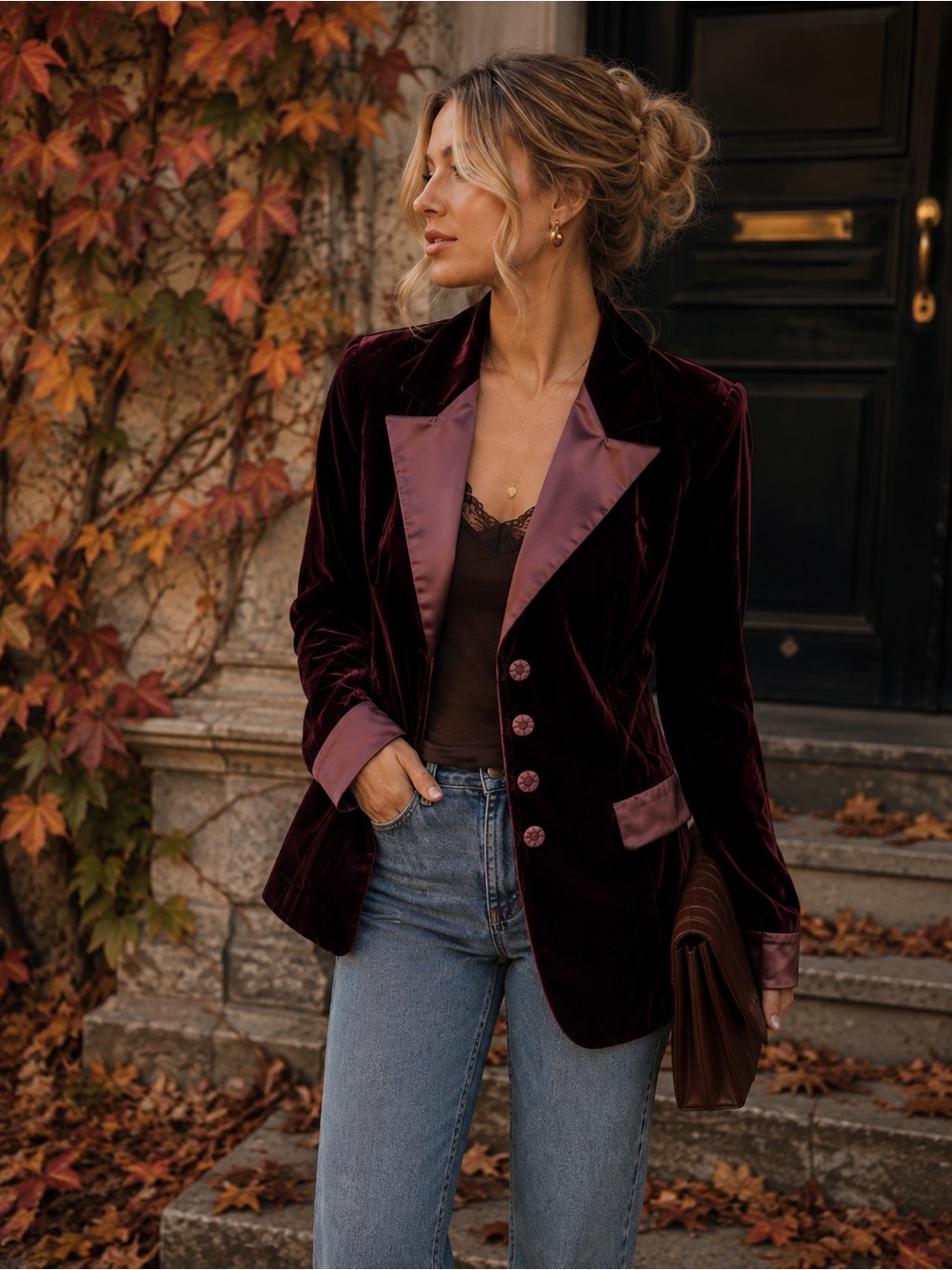 Velvet Satin-Trim Blazer Jacket in Burgundy